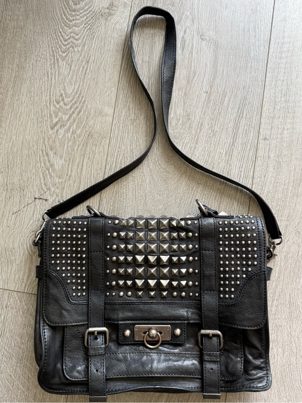 Frye Cameron Large Studded Satchel in black leather